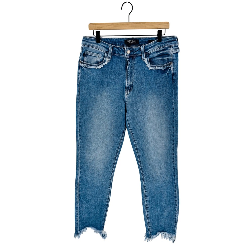 Judy Blue Slim Fit Jeans Blue 13/31 Distressed Raw Hem Sharkbite‎ Denim